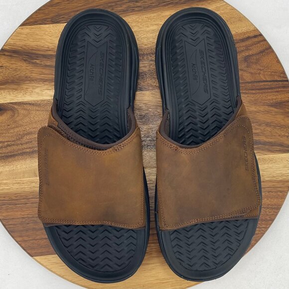 Skechers ArchFit Motley Mens 12 Brown Black Leather Revelo Slide Sandals - Picture 11 of 15
